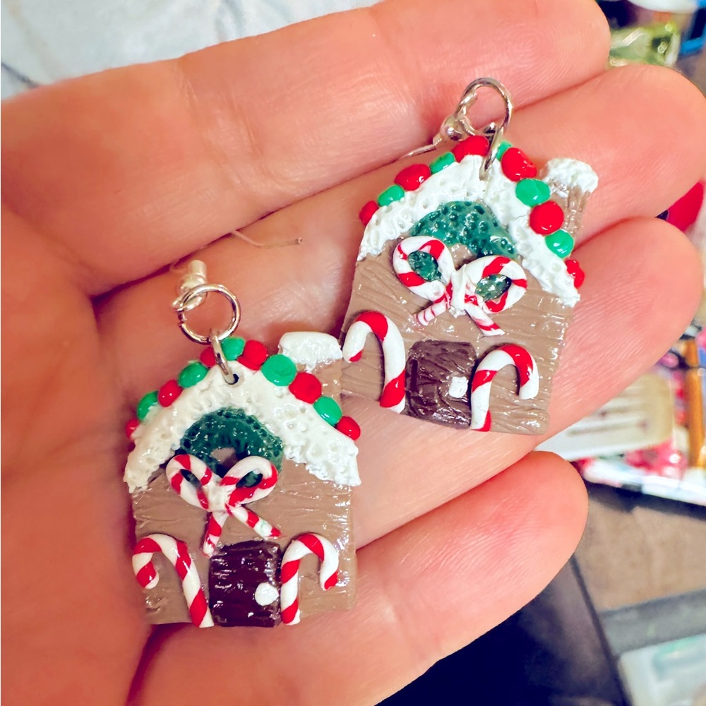 Cute Handmade Clay Gingerbread House Earrings